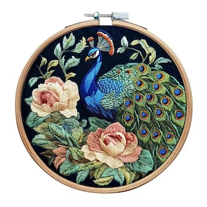 Lindo kit de bordado de pavão, bordado de pavão e peônia, kit de bordado de pássaro pavão, kit de bordado moderno de lã para iniciantes