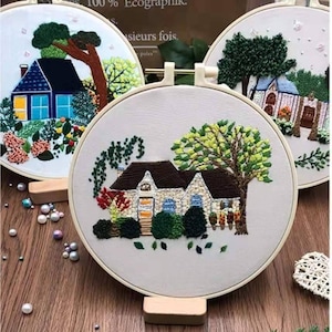 Kit de bordado de casa de campo, bordado de casa e árvore, kit de bordado de árvore da vida e casa, kit de bordado moderno Crewel para iniciantes