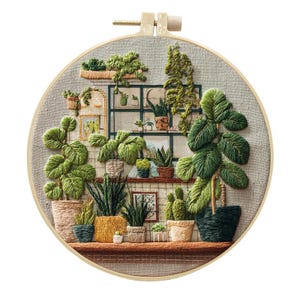 Tropical Plant  Embroidery Kit: Green Potted Plants  - Modern Crewel Design