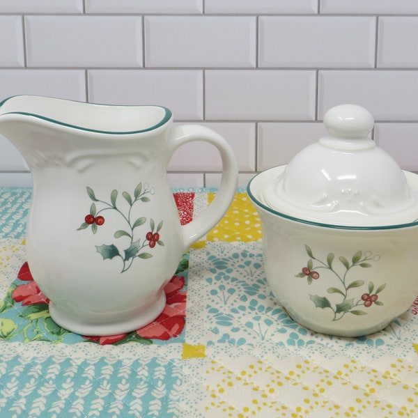 Winterberry Creamer & Sugar with Lid Set by Pfaltzgraff, Stoneware, Green Holly, Red andWhite Berries