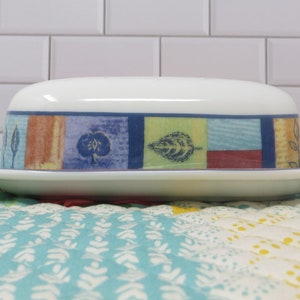 1/4 Lb Covered Stick Butter Dish Trailfinder by Royal Doulton Multicolor Panels W/Blue Fruits&Leaves