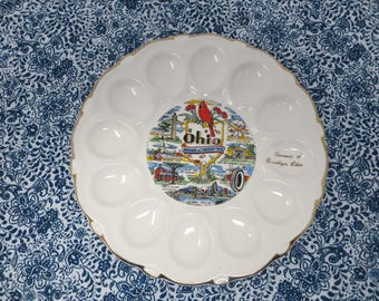 Souvenir of Brooklyn, Ohio, - Ohio Mother of Presidents 22K Gold trim Deviled Egg Plate Platter, 9"