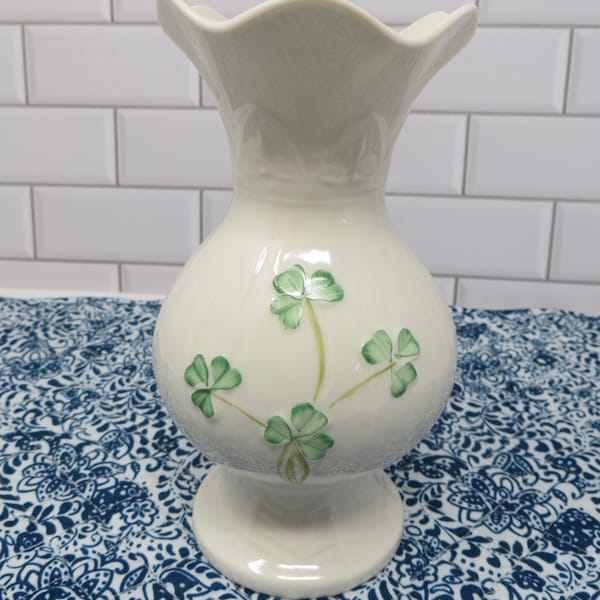 Belleek Ireland Shamrock Vase Embossed Fine Porcelain Green Seal 6"