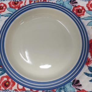 May include: A round, off-white ceramic serving bowl with two blue stripes around the rim. The bowl is centered on a floral patterned placemat with red and white flowers.