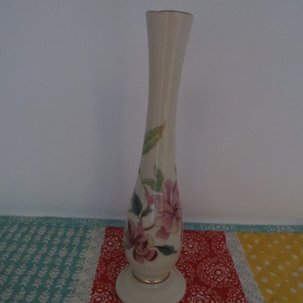 Lenox Barrington Collection Bud Vase, pink floral on ivory 7.5" tall, gold trim, made in USA