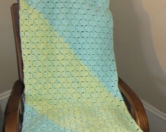 Green and Yellow Crocheted Afghan, Baby Blanket, Throw with Striped Design, Approximately 40" X 62"