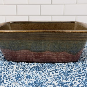 Small Pottery Stoneware Drip Glazed Loaf Pan, Brown, Blue and Rust, 7.5" X 4"