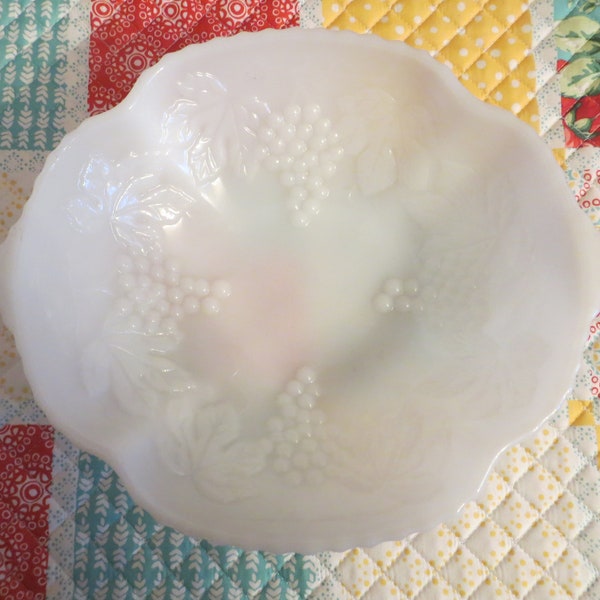 Milk Glass Bowl / Milk Glass Serving Bowl with Grape Leaf Pattern / MilkGlass
