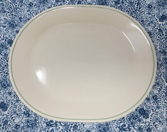 VTG Corelle Oval Platter Sandstone Beige w/Lt Green Sage Stripe 12.25" x 10", Calico Rose