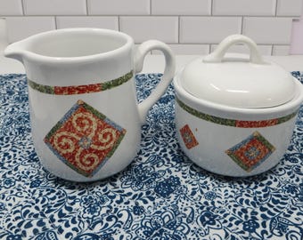 Creamer and lidded Sugar,  Sand Art (Corelle) by Corning Corelle, Corelle Coordinates Stoneware, Coral, Blue and Green Geometric