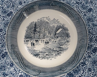 Royal China Currier & Ives Ice Skating Pie Plate 10" Blue and White EUC, Marked USA