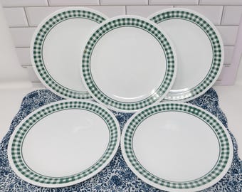 Set of 5 Salad Plates Gingham Hunter Green (Coupe, Corelle) by Corning Corelle,  Green Gingham Design, Smooth, Coupe, 8.5"