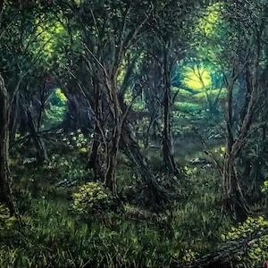 Impresión de paisaje vibrante: Descarga digital de una pintura original; Luces en el bosque.