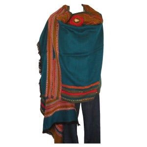 Shawl | Stitched Accent Embroidery | Yak + Sheep Wool Blend | Handmade | Turquoise