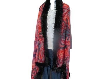 Full Black Faux Fur | Cape/Wrap | Oversize | Handcrafted | Handloomed Shawl | Red & Blue