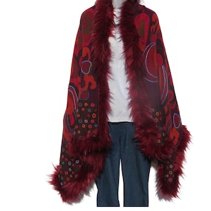 Shawl | Faux Fur | Stitched Accent Embroidery | Yak + Sheep Wool Blend | Handmade | Red & Amber