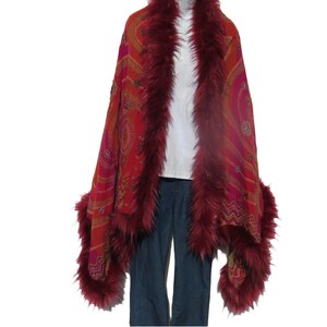 Shawl | Faux Fur | Stitched Accent Embroidery | Yak + Sheep Wool Blend | Handmade | Red & Amber