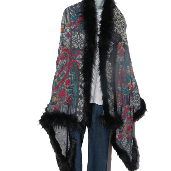 Shawl | Faux Fur | Stitched Accent Embroidery | Yak + Sheep Wool Blend | Handmade | Black & Gray