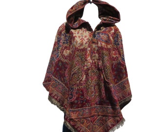 Poncho Button Tassels Hood + Pocket Boho Jacquard Kashmiri Jamawar Design Yak +Sheep Wool Blend 1 Size