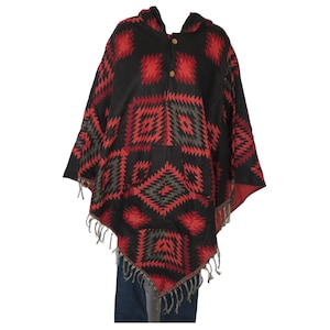 May include: A black and red hooded poncho with a geometric pattern. The poncho has a fringe border and a button closure at the neck.