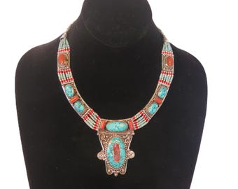 Necklace 6 Strand Inlaid Turquoise & Coral Stones in German Silver