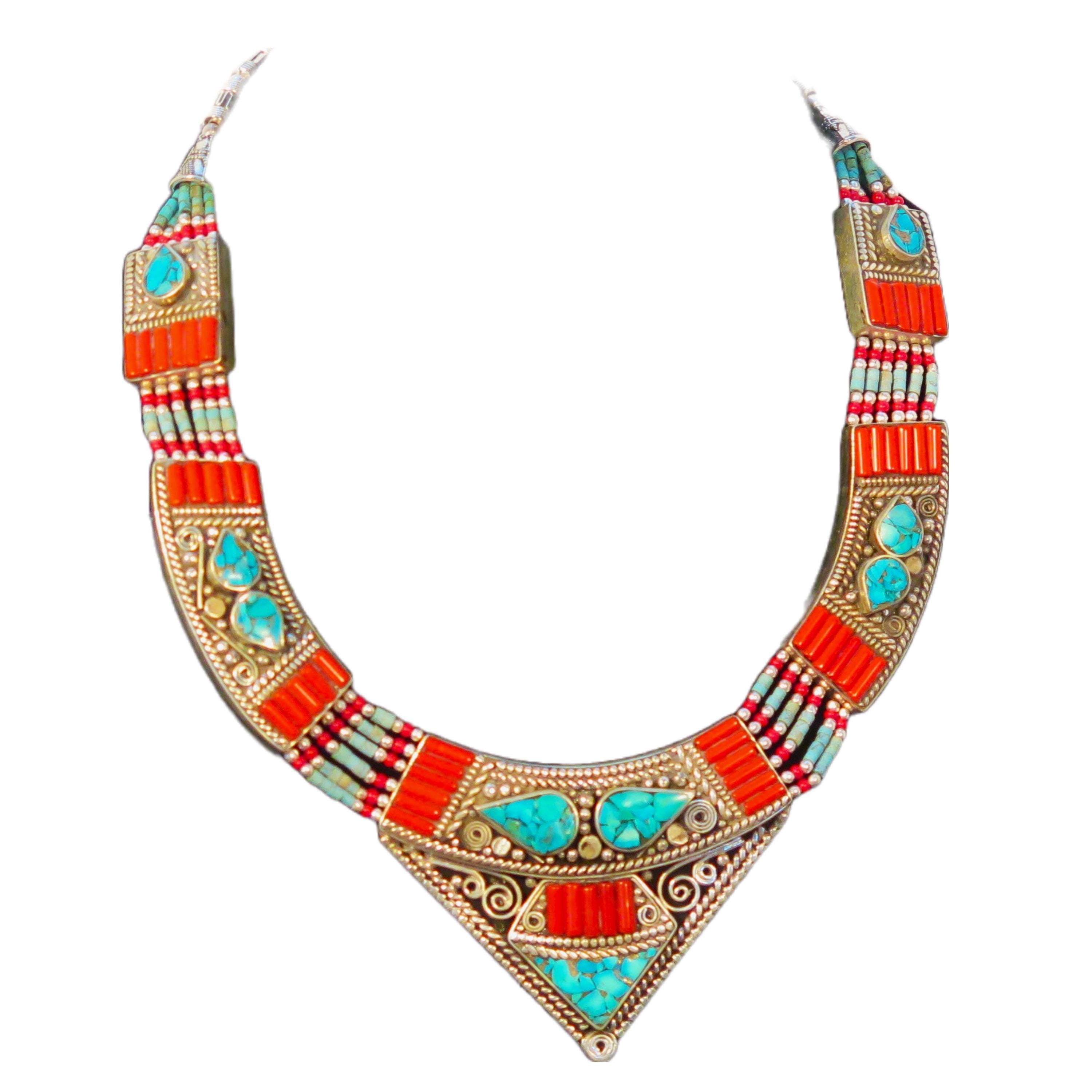 Necklace 6 Strand Inlaid Turquoise & Coral Stones in German Silver