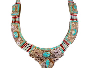 Necklace 6 Strand Inlaid Turquoise Stones in German Silver