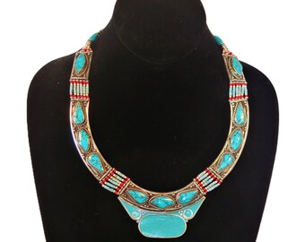 Necklace Inlaid Turquoise & Coral Stones in German Silver 6 Strands