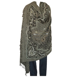 Shawl | Stitched Accent Embroidery | Oversize |Yak + Sheep Wool Blend | Handmade | Black & Pearl