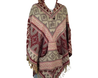 Poncho Button Tassels Hood + Pocket Boho Desert Design Yak +Sheep Wool Blend 1 Size Sand
