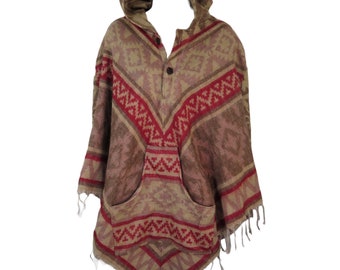 Poncho Button Tassels Hood + Pocket Boho Desert Design Yak +Sheep Wool Blend 1 Size Sand