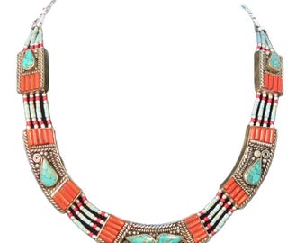 Necklace 4 Strand Inlaid Turquoise & Coral Stones in German Silver