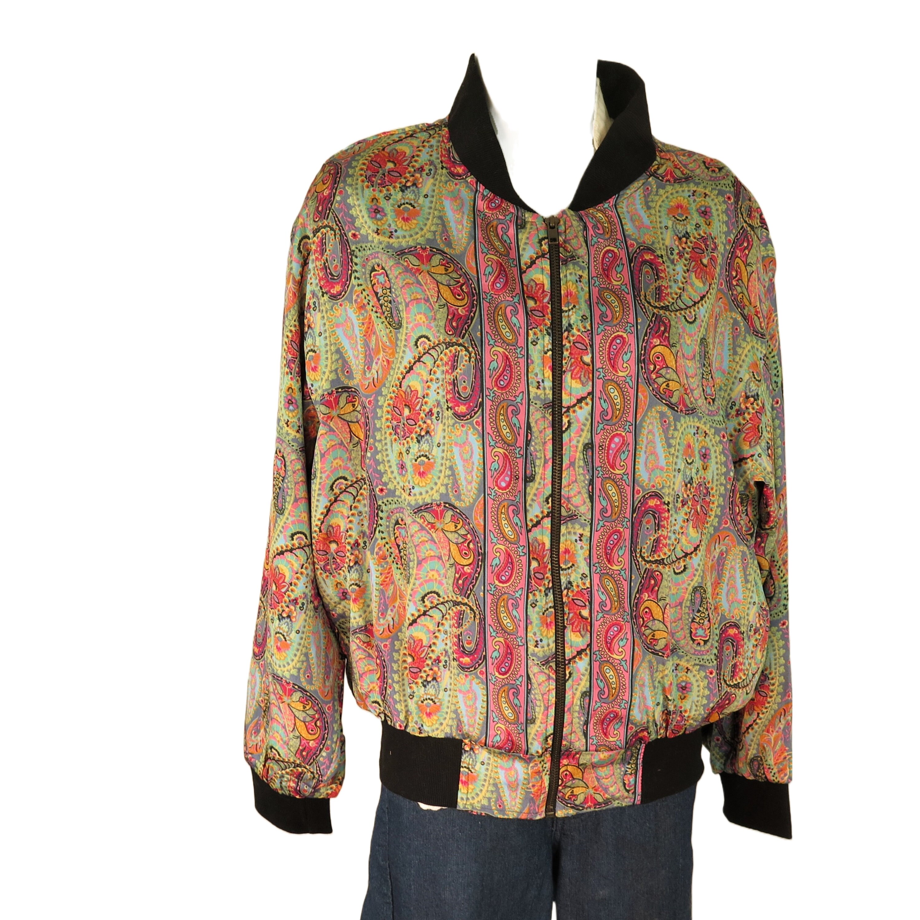 Womens silk baseball Jacket paisley full Zipper Pockets Lined Lilac M L