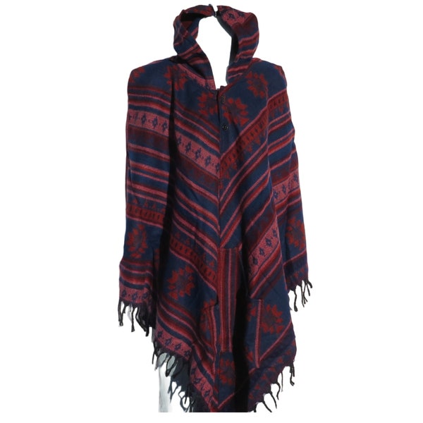 Soft Abstract Poncho with Tassels - Brown/Ivory