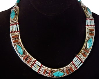 Necklace 6 Strand Inlaid Turquoise & Coral Stones in German Silver
