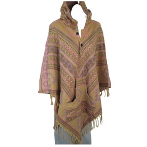 Poncho Button Tassels Hood + Pocket Boho Desert Design Yak +Sheep Wool Blend 1 Size Sand