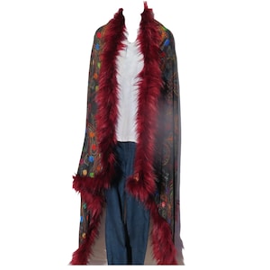 Full Red Faux Fur | Cape/Wrap | Oversize | Handcrafted | Handloomed Shawl | Gray & Rainbow
