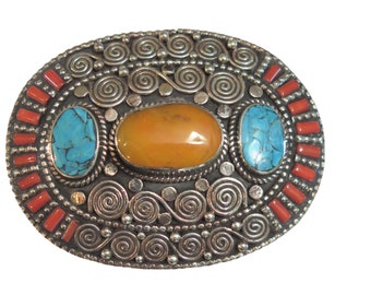 Belt Buckle Oval Inlaid Stones Amber Coral Turquoise Tibetan Silver 1 1/2" Belt