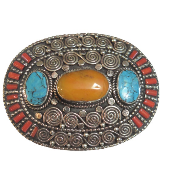 Belt Buckle Oval Inlaid Stones Amber Coral Turquoise Tibetan Silver 1 1/2" Belt