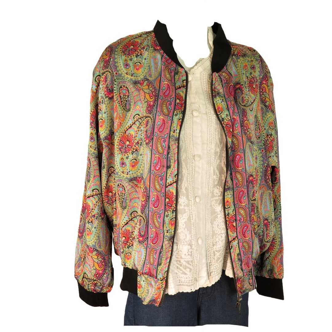 Womens silk baseball Jacket paisley full Zipper Pockets Lined Lilac M L
