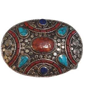 Belt Buckle Oval Inlaid Stones Coral + Turquoise + Lapis Tibetan Silver 1 1/2&quot; Belt  Buckle Size: 3 3/8 inches by 2 1/2 inches