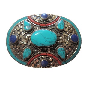 Belt Buckle Oval Inlaid Stones Turquoise + Coral + Lapis Tibetan Silver 1 1/2&quot; Belt Buckle Size: 3 3/8 inches by 2 1/2 inches