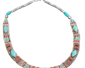 Necklace 5 Strand Inlaid Turquoise & Coral Stones in German Silver