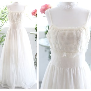 1950s soft white & blue empire waist nightgown / ruffled long maxi layered sweeping negligee gown lingerie dress princess milkmaid coquette