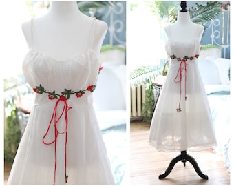 1960s ivory & cherry Eyeful nightgown / empire waist sweeping babydoll slip dress nightie gown lingerie pinup Old Hollywood glam a line long