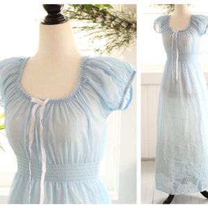 1960s soft Cinderella blue nightgown semi sheer empire waist regency puffy sleeves maxi long cottagecore deadstock lingerie milkmaid peasant
