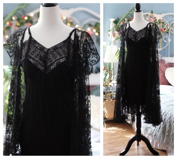 1950s black Claire Sandra by Lucie Ann peignoir / lingerie gown slip dress ruffled nightdress robe negligee nightie old Hollywood glam