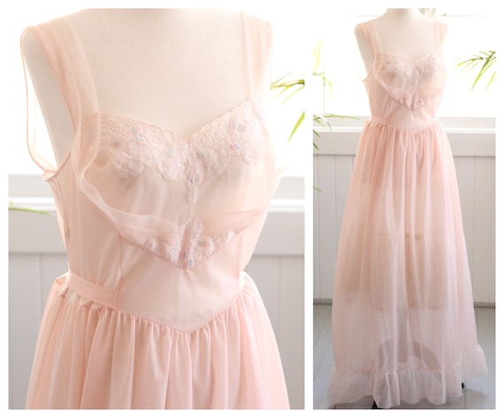 1960s soft chiffon lace blush pink maxi nightgown… - image 2