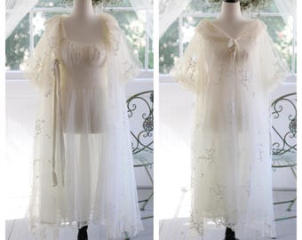 jaren 50 zachte witte peignoir set met bloemenprint / A-lijn nachtjapon slip met pofmouwen badjas lingerie jurk nachthemd prinses fee midi cottagecore