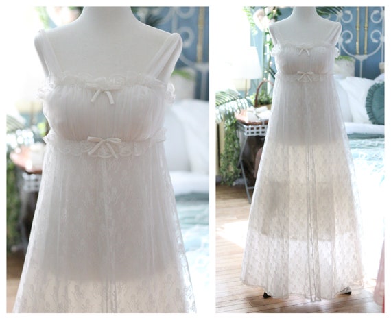 1960s white empire waist princess nightgown / bridal … - Gem